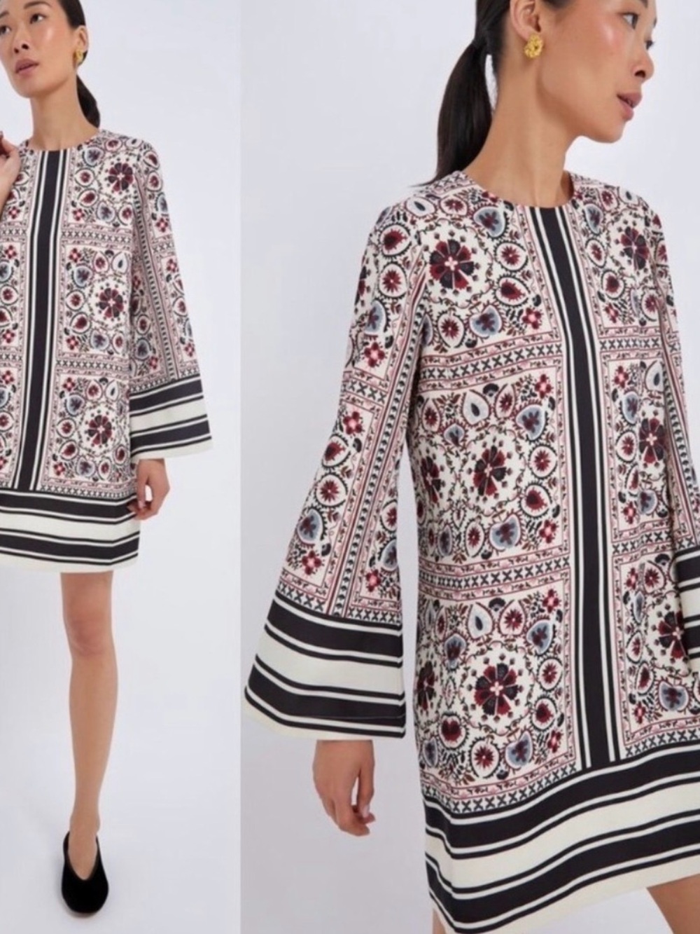 TUCKERNUCK Patchwork Floral Mini Jamie Dress Bell Sleeve Size Medium - Picture 9 of 10